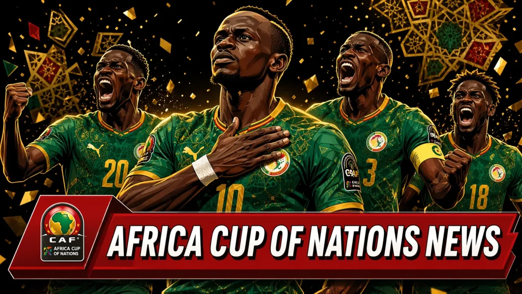 A passionate illustration of Sadio Mané and fellow Senegal national team players celebrating, with Mané holding his hand over his heart. A red banner at the bottom reads "AFRICA CUP OF NATIONS NEWS" featuring the official CAF Africa Cup of Nations logo.