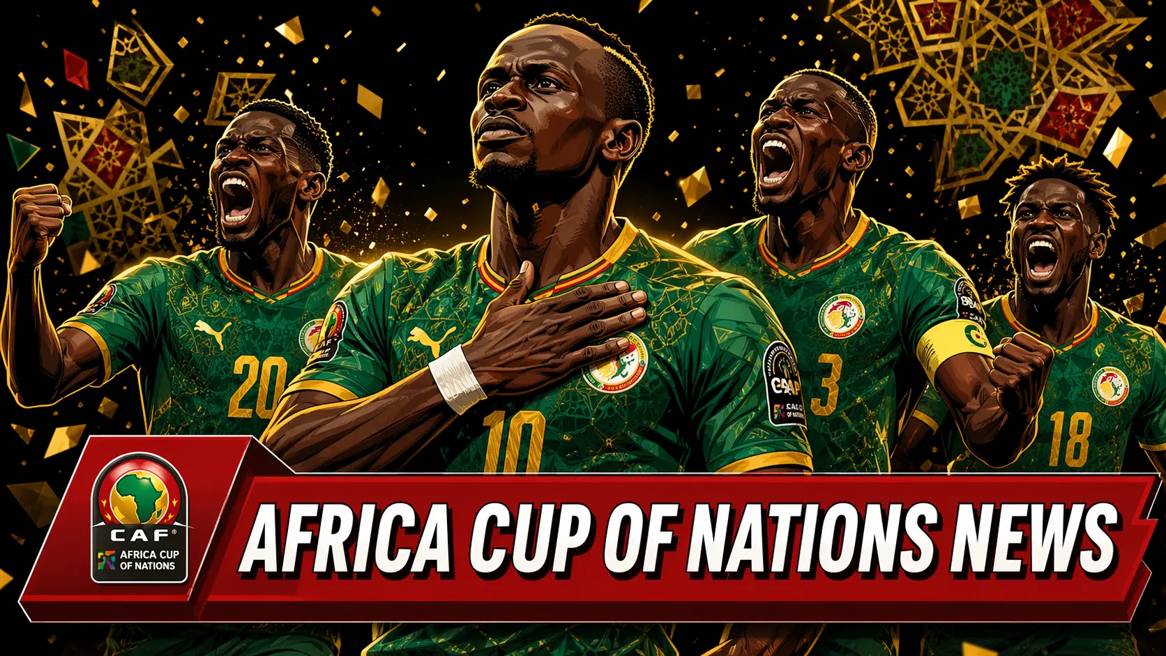 A passionate illustration of Sadio Mané and fellow Senegal national team players celebrating, with Mané holding his hand over his heart. A red banner at the bottom reads "AFRICA CUP OF NATIONS NEWS" featuring the official CAF Africa Cup of Nations logo.