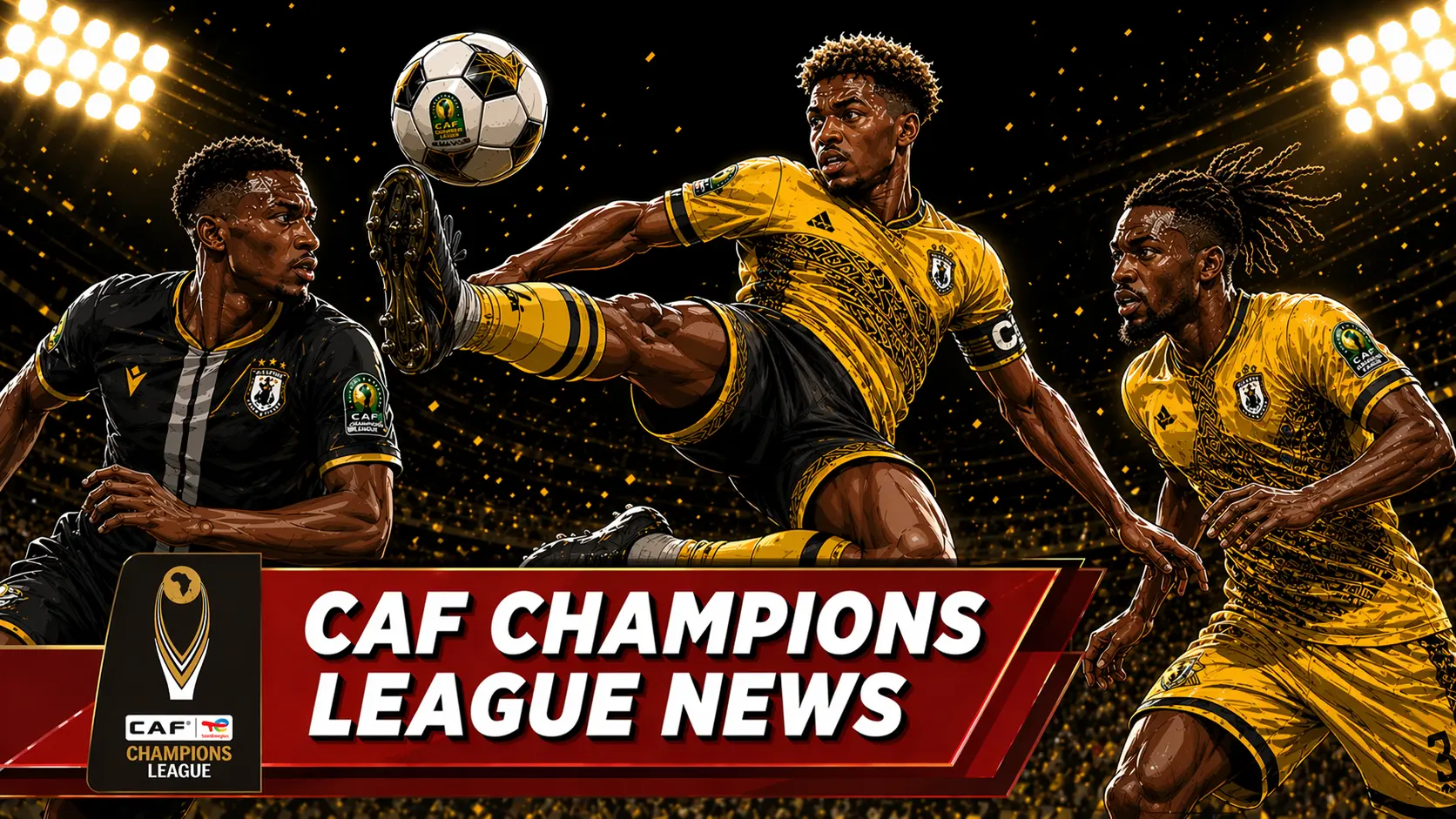 A vibrant illustration of soccer players in yellow and black patterned kits competing in a stadium at night, with the central player performing a high-kick. A red banner at the bottom reads "CAF CHAMPIONS LEAGUE NEWS" featuring the official CAF Champions League logo.
