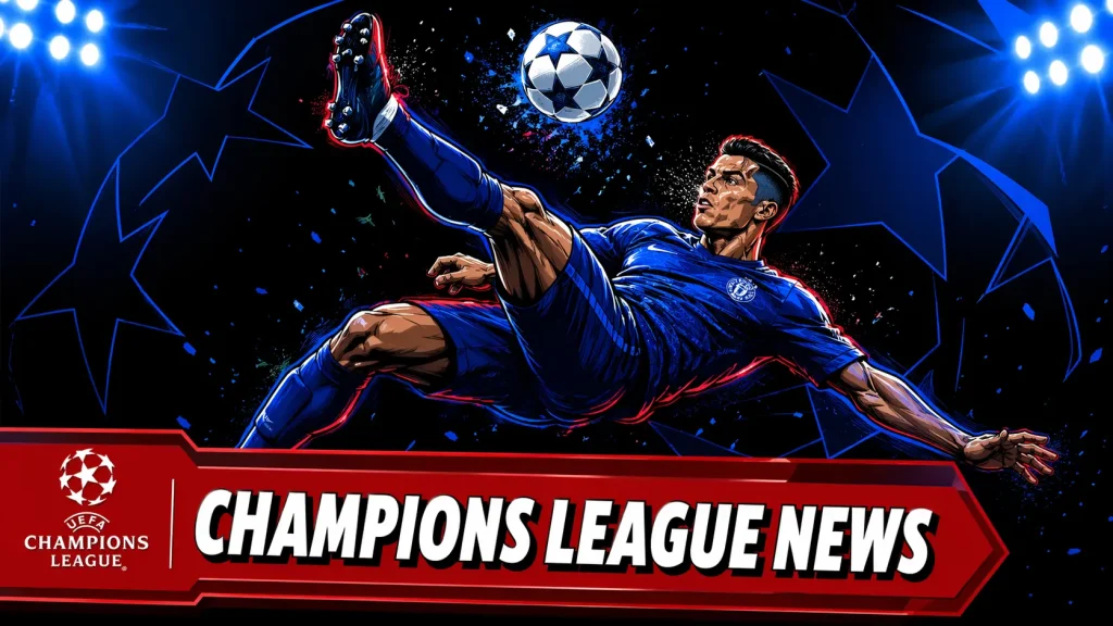 A stylized graphic of Cristiano Ronaldo performing a bicycle kick under bright stadium lights with a blue star-patterned background. A red banner at the bottom reads "CHAMPIONS LEAGUE NEWS" accompanied by the UEFA Champions League logo.