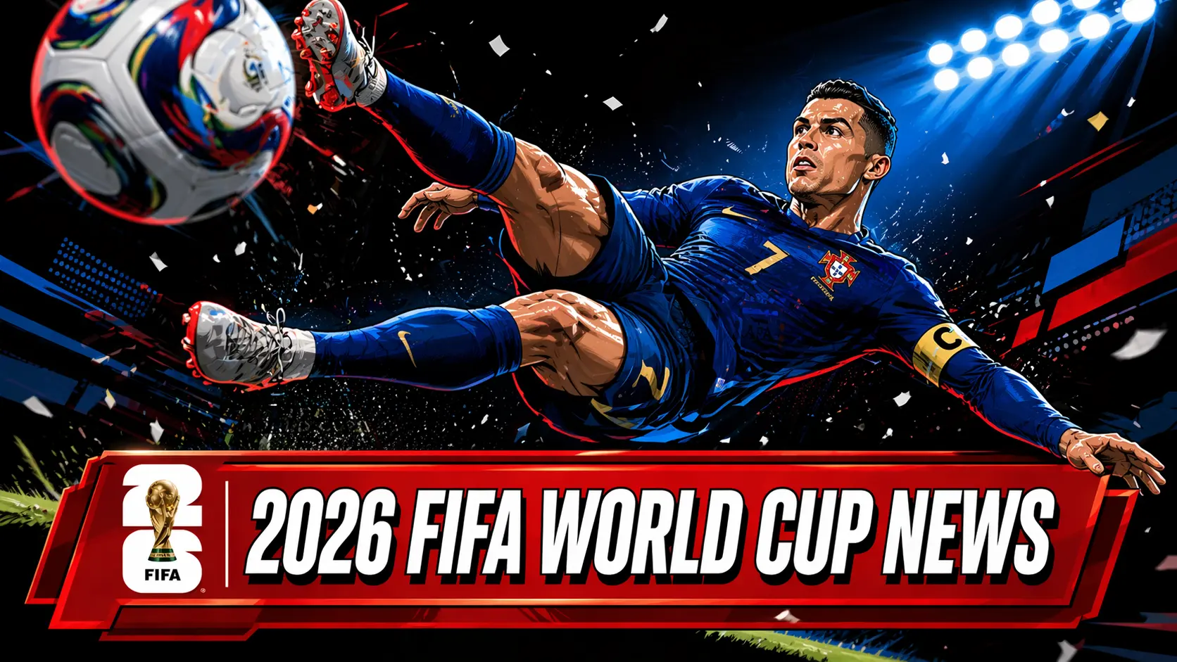 A dynamic illustration of Cristiano Ronaldo in a Portugal national team kit performing a bicycle kick against a dark, explosive background. A red banner at the bottom reads "2026 FIFA WORLD CUP NEWS" with the official 2026 World Cup logo.