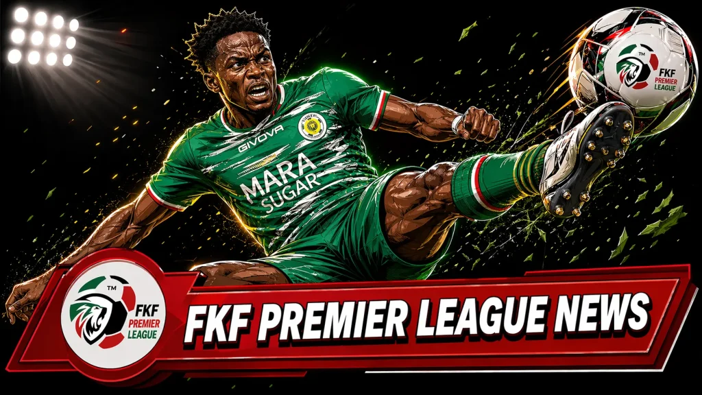 A dynamic digital illustration of a soccer player in a green Mara Sugar FC kit performing a powerful mid-air volley. A red graphic banner at the bottom reads "FKF PREMIER LEAGUE NEWS" accompanied by the official FKF logo.