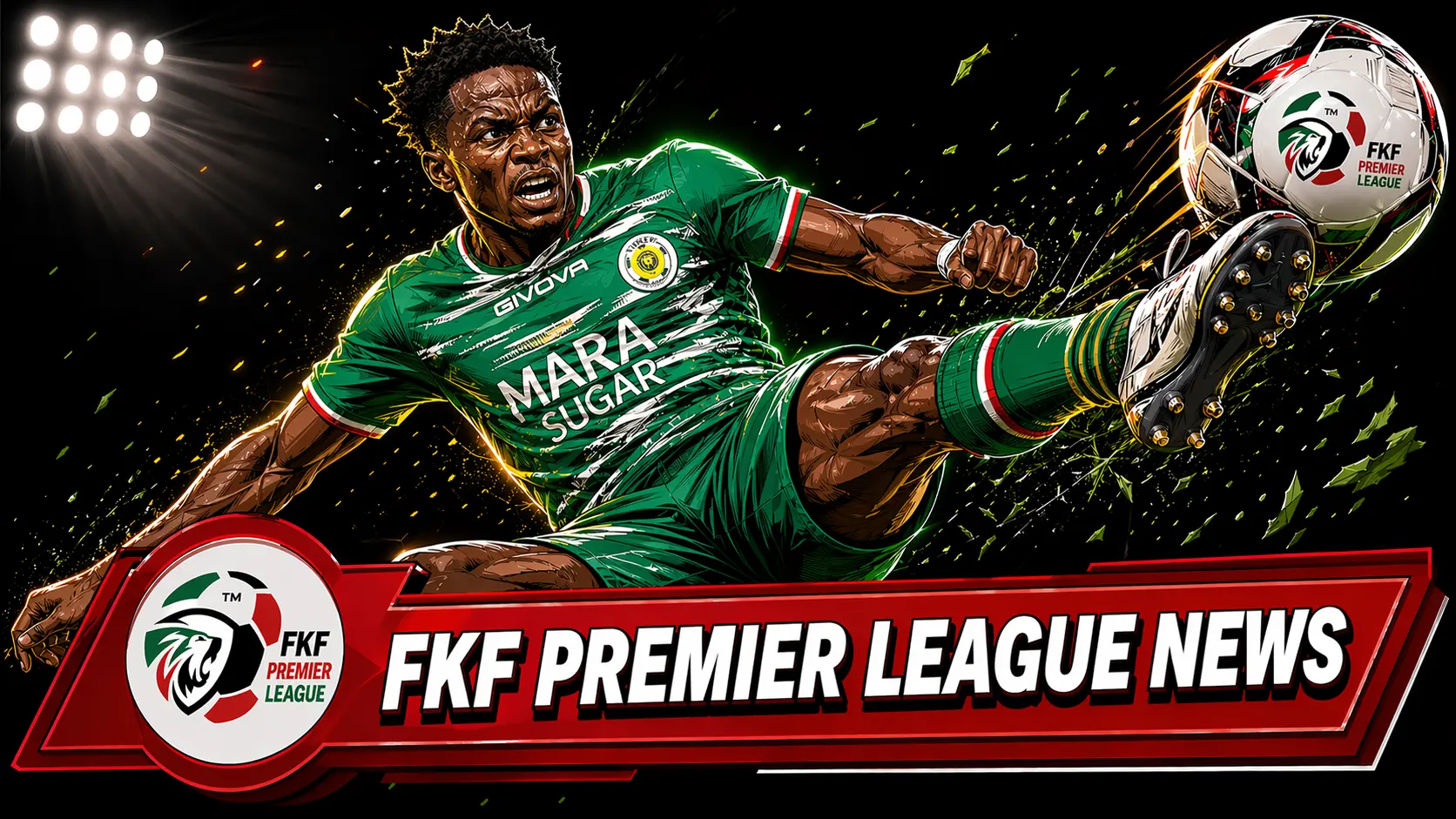 A dynamic digital illustration of a soccer player in a green Mara Sugar FC kit performing a powerful mid-air volley. A red graphic banner at the bottom reads "FKF PREMIER LEAGUE NEWS" accompanied by the official FKF logo.