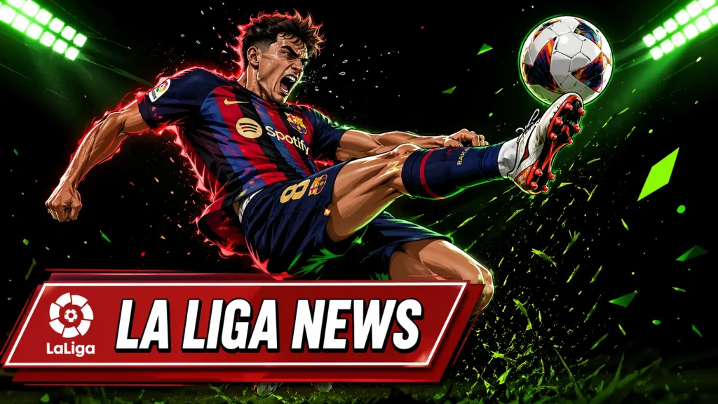 A vibrant illustration of FC Barcelona's Gavi in a mid-air kicking pose with a fierce expression. The scene is illuminated by green stadium lights. A red banner at the bottom reads "LA LIGA NEWS" with the official La Liga logo.