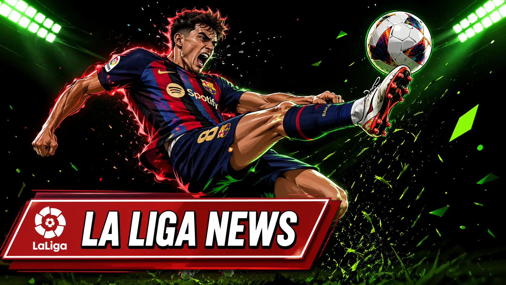 A vibrant illustration of FC Barcelona's Gavi in a mid-air kicking pose with a fierce expression. The scene is illuminated by green stadium lights. A red banner at the bottom reads "LA LIGA NEWS" with the official La Liga logo.