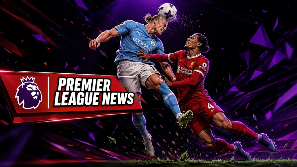 A stylized digital illustration of Manchester City's Erling Haaland and Liverpool's Virgil van Dijk competing for a header in mid-air. A red banner at the bottom left reads "PREMIER LEAGUE NEWS" next to the official Premier League lion logo.