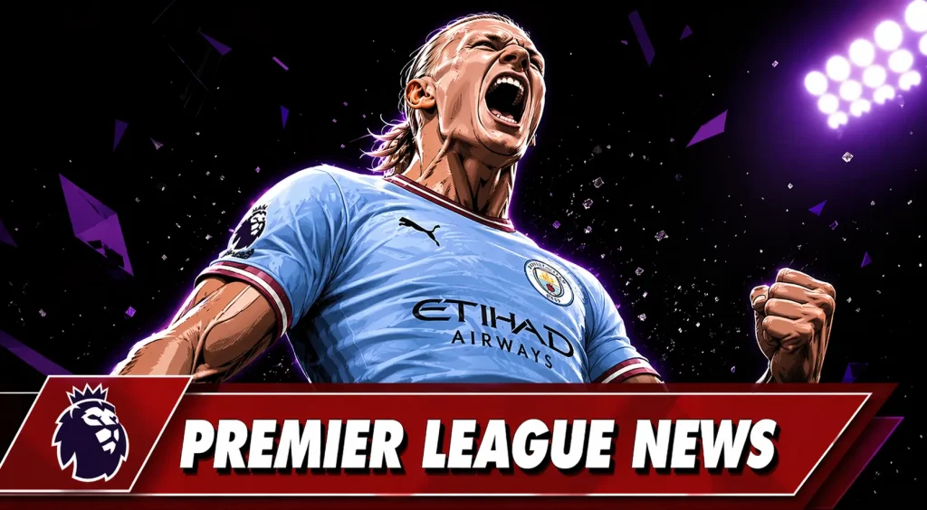 A close-up, dramatic illustration of Erling Haaland in a Manchester City jersey screaming in celebration. A red banner across the bottom reads "PREMIER LEAGUE NEWS" featuring the Premier League lion logo.