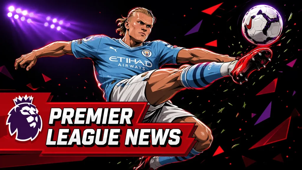 A powerful illustration of Erling Haaland in a Manchester City kit performing a high-kick volley. The background is dark with purple light flares. A red graphic banner at the bottom left reads "PREMIER LEAGUE NEWS."