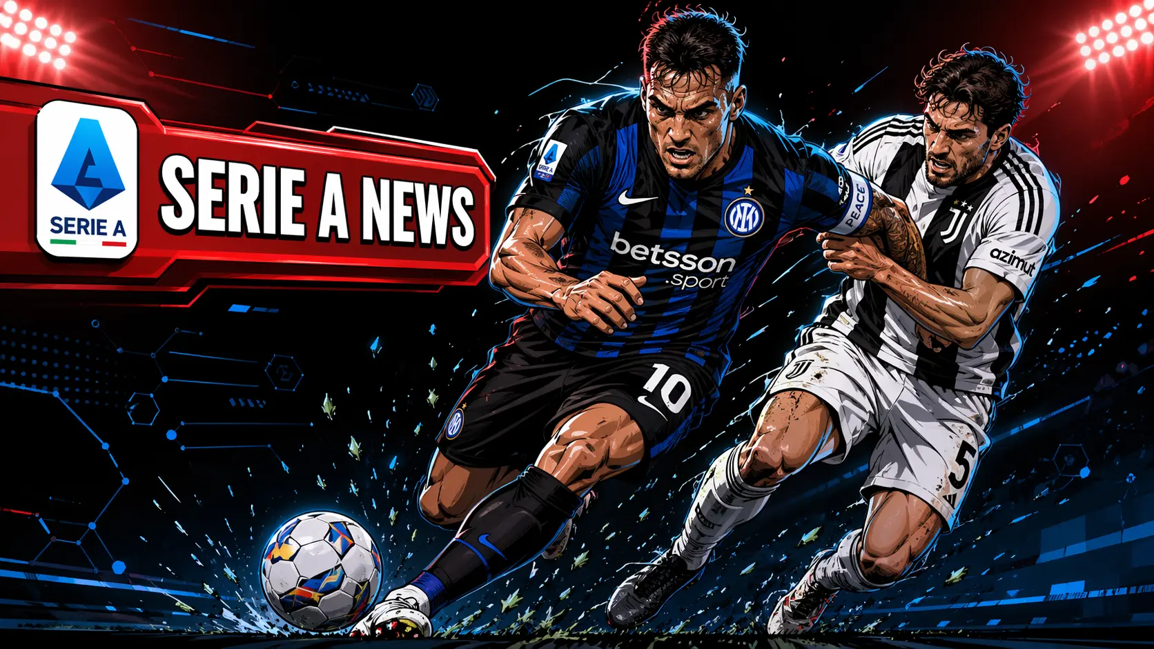 A high-action illustration showing Inter Milan's Lautaro Martínez and a Juventus defender in a physical battle for the ball. A red banner at the top left reads "SERIE A NEWS" featuring the official Serie A logo.