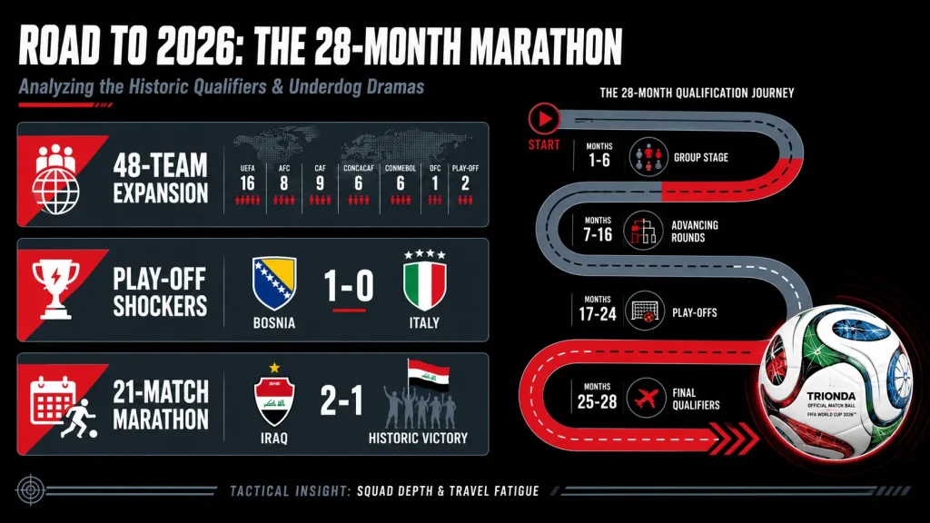 2026 FIFA World Cup qualifiers history and tactical review cover. Horizontal 16:9 infographic with charcoal black, grey-blue, and red theme. Features a 28-month qualification road track, the official Trionda match ball, and blocks for the 48-team expansion, play-off shockers like Bosnia defeating Italy, and travel fatigue tactics in bold English typography