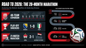 2026 FIFA World Cup qualifiers history and tactical review cover. Horizontal 16:9 infographic with charcoal black, grey-blue, and red theme. Features a 28-month qualification road track, the official Trionda match ball, and blocks for the 48-team expansion, play-off shockers like Bosnia defeating Italy, and travel fatigue tactics in bold English typography