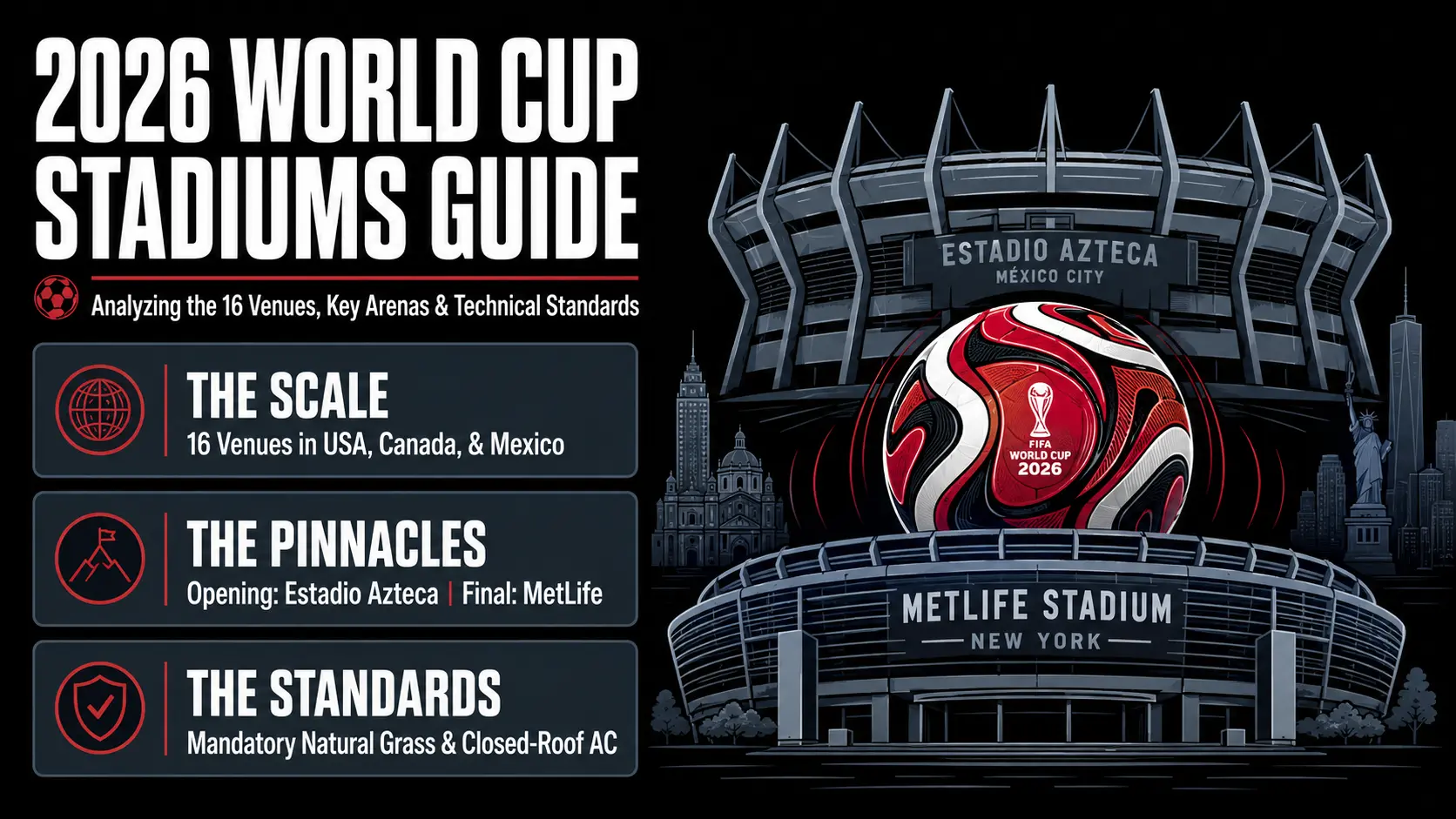 026 FIFA World Cup stadiums and venues guide. Horizontal 16:9 infographic with charcoal black, grey-blue, and red theme. Features three clean spec cards detailing the 16 host venues, key arenas (Estadio Azteca and MetLife Stadium), and technical standards (natural grass and AC) alongside stylized 2D stadium silhouettes.