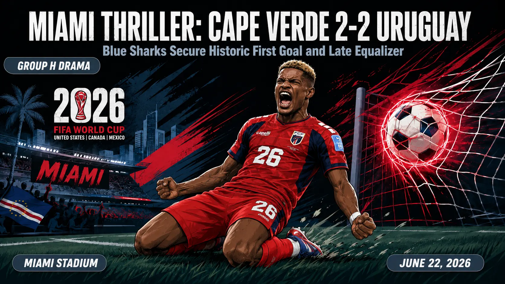 Cape Verde number 26 celebrates during the 2-2 draw with Uruguay in Miami at the 2026 World Cup.